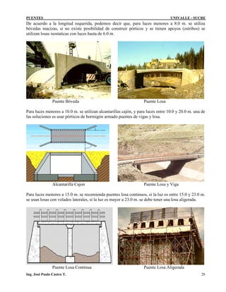 PUENTES UNIVALLE - SUCRE
De acuerdo a la longitud requerida, podemos decir que, para luces menores a 8.0 m. se utiliza
bóvedas macizas, si no existe posibilidad de construir pórticos y se tienen apoyos (estribos) se
utilizan losas isostaticas con luces hasta de 6.0 m.
Puente Bóveda Puente Losa
Para luces menores a 10.0 m. se utilizan alcantarillas cajón, y para luces entre 10.0 y 20.0 m. una de
las soluciones es usar pórticos de hormigón armado puentes de vigas y losa.
Alcantarilla Cajon Puente Losa y Viga
Para luces menores a 15.0 m. se recomienda puentes losa continuos, si la luz es entre 15.0 y 23.0 m.
se usan losas con volados laterales, si la luz es mayor a 23.0 m. se debe tener una losa aligerada.
Puente Losa Continua Puente Losa Aligerada
Ing. José Paulo Castro T. 28
 