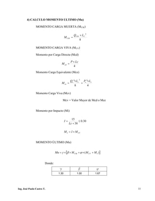PUENTES UNIVALLE - SUCRE
4) CALCULO MOMENTO ULTIMO (Mu)
MOMENTO CARGA MUERTA (MCM)
MOMENTO CARGA VIVA (MCV)
Momento por Carga Directa (Mcd)
Momento Carga Equivalente (Mce)
Momento Carga Viva (Mcv)
Mcv = Valor Mayor de Mcd o Mce
Momento por Impacto (Mi)
MOMENTO ÚLTIMO (Mu)
Donde:
g b f
1.30 1.00 1.67
8
2
CCM
CM
LQ
M
×
=
4
"
8
"
2
cece
ce
LPLQ
M
×
+
×
=
4
LcP
Mcd
×
=
CVI MIM ×=
30.0
38
15
≤
+
=
Lc
I
[ ])( ICVCM MMMMu +×+××= ϕβγ
Ing. José Paulo Castro T. 33
 
