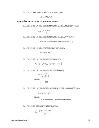 PUENTES UNIVALLE - SUCRE
CALCULO ÁREA DE ACERO PRINCIPAL (As)
dbvAs **δ=
d) DISEÑO A CORTE DE LA VIGA DE BORDE
CALCULO DE LA REACCIÓN MÁXIMA CARGA MUERTA (Vcm)
CALCULO DE LA REACCIÓN MÁXIMA CARGA VIVA (Vcv)
Vcv = Reaccion en un apoyo maxima (LI)
CALCULO DE LA REACCIÓN DE IMPACTO (Vi)
Vi = Vcv * I
CALCULO DE LA CORTANTE ÚLTIMA (Vu)
CALCULO DE LA CORTANTE DE DISEÑO (Vd)
Donde:
CALCULO DE LA CORTANTE ADMISIBLE DEL HORMIGÓN (Vc)
Donde:
CALCULO DE AREA DE ESTRIBOS (Av)
( )
fy
sbVcVd
Av
**−
=
f = 0.85
fc’ = Resistencia Característica Hormigón
2
LcCM
Vcm
×
=
db
Vu
Vd
××
=
ϕ
cfVc ´53.0 ×=
[ ])( ICVCM VVVVu +×+××= ϕβγ
Ing. José Paulo Castro T. 38
 