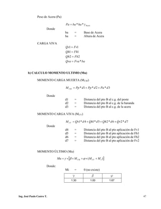 PUENTES UNIVALLE - SUCRE
Peso de Acera (Pa)
HoAohabaPa γ**=
Donde
ba = Base de Acera
ha = Altura de Acera
CARGA VIVA
baFvaQva
FhQh
FhQh
FvQv
*
22
11
11
=
=
=
=
b) CALCULO MOMENTO ULTIMO (Mu)
MOMENTO CARGA MUERTA (MCM)
3*2*1* dPadPpdPpMCM ++=
Donde
d1 = Distancia del pto B al c.g. del poste
d2 = Distancia del pto B al c.g. de la baranda
d3 = Distancia del pto B al c.g. de la acera
MOMENTO CARGA VIVA (MCV)
7*26*25*14*1 dQvdQhdQhdQvMCV +++=
Donde
d4 = Distancia del pto B al pto aplicación de Fv1
d5 = Distancia del pto B al pto aplicación de Fh1
d6 = Distancia del pto B al pto aplicación de Fh2
d7 = Distancia del pto B al pto aplicación de Fv2
MOMENTO ÚLTIMO (Mu)
Donde:
Mi = 0 (no existe)
g b f
1.30 1.00 1.67
[ ])( ICVCM MMMMu +×+××= ϕβγ
Ing. José Paulo Castro T. 47
 