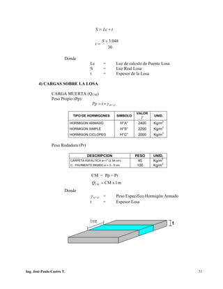 PUENTES UNIVALLE - SUCRE
Donde
Lc = Luz de calculo de Puente Losa
S = Luz Real Losa
t = Espesor de la Losa
4) CARGAS SOBRE LA LOSA
CARGA MUERTA (QCM)
Peso Propio (Pp)
TIPO DE HORMIGONES SIMBOLO
VALOR
γ UNID.
HORMIGON ARMADO H°A° 2400 Kg/m
3
HORMIGON SIMPLE H°S° 2200 Kg/m
3
HORMIGON CICLOPEO H°C° 2000 Kg/m
3
Peso Rodadura (Pr)
CM = Pp + Pr
Donde
°°AHγ = Peso Especifico Hormigón Armado
t = Espesor Losa
DESCRIPCION PESO UNID.
CARPETA ASFALTICA e=1" (2.54 cm) 45 Kg/m
2
C. PAVIMENTO RIGIDO e = 3 - 5 cm 100 Kg/m
2
30
048.3+
=
S
t
tLcS +=
°°×= AHtPp γ
m1xCM=CMQ
Ing. José Paulo Castro T. 51
 