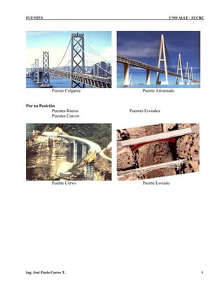 PUENTES UNIVALLE - SUCRE
Puente Colgante Puente Atirantado
Por su Posición
Puentes Rectos Puentes Esviados
Puentes Curvos
Puente Curvo Puente Esviado
Ing. José Paulo Castro T. 4
 