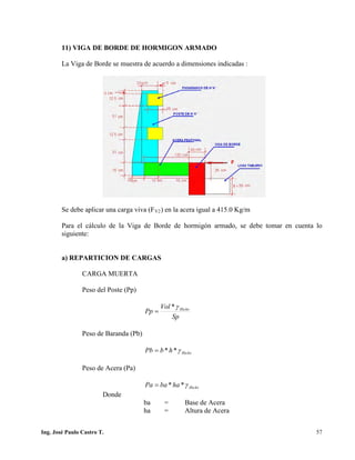 PUENTES UNIVALLE - SUCRE
11) VIGA DE BORDE DE HORMIGON ARMADO
La Viga de Borde se muestra de acuerdo a dimensiones indicadas :
Se debe aplicar una carga viva (FV2) en la acera igual a 415.0 Kg/m
Para el cálculo de la Viga de Borde de hormigón armado, se debe tomar en cuenta lo
siguiente:
a) REPARTICION DE CARGAS
CARGA MUERTA
Peso del Poste (Pp)
Sp
Vol
Pp HoAoγ*
=
Peso de Baranda (Pb)
HoAohbPb γ**=
Peso de Acera (Pa)
HoAohabaPa γ**=
Donde
ba = Base de Acera
ha = Altura de Acera
Ing. José Paulo Castro T. 57
 