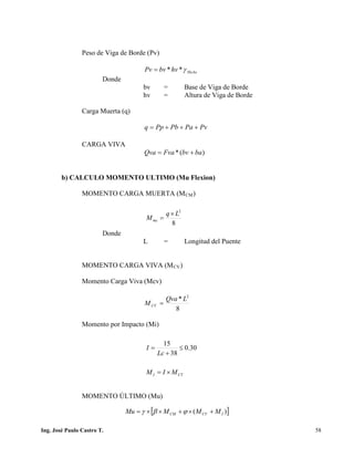 PUENTES UNIVALLE - SUCRE
Peso de Viga de Borde (Pv)
HoAohvbvPv γ**=
Donde
bv = Base de Viga de Borde
hv = Altura de Viga de Borde
Carga Muerta (q)
PvPaPbPpq +++=
CARGA VIVA
)(* babvFvaQva +=
b) CALCULO MOMENTO ULTIMO (Mu Flexion)
MOMENTO CARGA MUERTA (MCM)
Donde
L = Longitud del Puente
MOMENTO CARGA VIVA (MCV)
Momento Carga Viva (Mcv)
8
* 2
LQva
MCV =
Momento por Impacto (Mi)
MOMENTO ÚLTIMO (Mu)
[ ])( ICVCM MMMMu +×+××= ϕβγ
8
2
Lq
Mmc
×
=
CVI MIM ×=
30.0
38
15
≤
+
=
Lc
I
Ing. José Paulo Castro T. 58
 