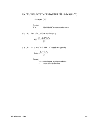 PUENTES UNIVALLE - SUCRE
CALCULO DE LA CORTANTE ADMISIBLE DEL HORMIGÓN (Vc)
Donde:
CALCULO DE AREA DE ESTRIBOS (Av)
( )
fy
sbvVcVu
Av
**−
=
CALCULO EL ÁREA MÍNIMA DE ESTRIBOS (Amin)
fy
sbv
A
**5.3
min =
Donde:
fc’ = Resistencia Característica Hormigón
fy = Resistencia Característica Acero
s = Separación de Estribos
cfVc ´53.0 ×=
Ing. José Paulo Castro T. 60
 