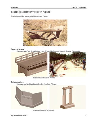 PUENTES UNIVALLE - SUCRE
PARTES CONSTITUYENTES DE UN PUENTE
Se distinguen dos partes principales de un Puente:
Superestructura
Formada por Capa de rodadura, Losa, Vigas, Diafragmas, Aceras, Postes, Pasamanos.
Superestructura de un Puente
Infraestructura
Formada por las Pilas Centrales, los Estribos, Pilotes.
Infraestructura de un Puente
Ing. José Paulo Castro T. 5
 