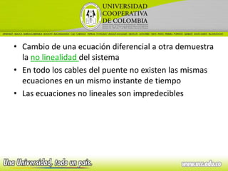 • Cambio de una ecuación diferencial a otra demuestra
  la no linealidad del sistema
• En todo los cables del puente no existen las mismas
  ecuaciones en un mismo instante de tiempo
• Las ecuaciones no lineales son impredecibles
 