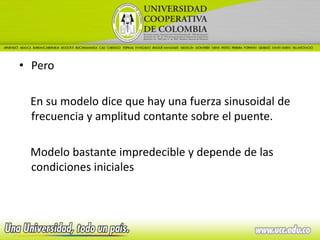 • Pero

 En su modelo dice que hay una fuerza sinusoidal de
 frecuencia y amplitud contante sobre el puente.

 Modelo bastante impredecible y depende de las
 condiciones iniciales
 