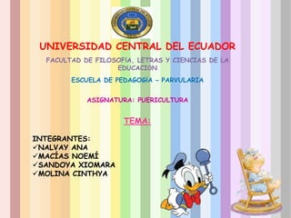 UNIVERSIDAD CENTRAL DEL ECUADOR
FACULTAD DE FILOSOFÍA, LETRAS Y CIENCIAS DE LA
EDUCACIÓN
ESCUELA DE PEDAGOGÍA – PARVULARIA
ASIGNATURA: PUERICULTURA
TEMA:
INTEGRANTES:
NALVAY ANA
MACÍAS NOEMÍ
SANDOYA XIOMARA
MOLINA CINTHYA
 