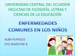 UNIVERSIDAD CENTRAL DEL ECUADOR
FACULTAD DE FILOSOFÍA, LETRAS Y
CIENCIAS DE LA EDUCACIÓN
ALBA PUPIALES
5TO SEMESTRE B
 