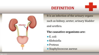 DEFINITION
It is an infection of the urinary organs
such as kidney, ureter, urinary bladder
and urethra.
The causative organisms are:
⚫ E. coli
⚫ Klebsiella
⚫ Proteus
⚫ Staphylococcus aureus
 