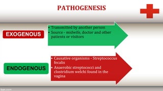 PATHOGENESIS
• Transmitted by another person
• Source - midwife, doctor and other
patients or visitors
EXOGENOUS
• Causative organisms - Streptococcus
fecalis
• Anaerobic streptococci and
clostridium welchi found in the
vagina
ENDOGENOUS
 