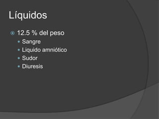 Líquidos12.5 % del pesoSangreLiquido amnióticoSudorDiuresis 