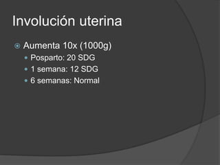 Involución uterinaAumenta 10x (1000g)Posparto: 20 SDG1 semana: 12 SDG6 semanas: Normal 