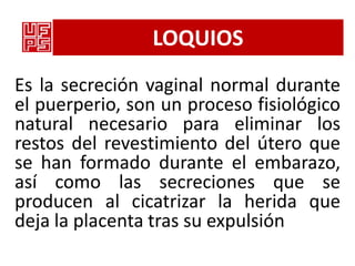LOQUIOS
Es la secreción vaginal normal durante
el puerperio, son un proceso fisiológico
natural necesario para eliminar los
restos del revestimiento del útero que
se han formado durante el embarazo,
así como las secreciones que se
producen al cicatrizar la herida que
deja la placenta tras su expulsión
 