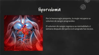 Por la hemorragia posparto, la mujer recupera su
volumen de sangre pregravidez.
El volumen de sangre regresa a su normalidad a 1
semana después del parto si el sangrado fue escaso.
Hipervolemia
 