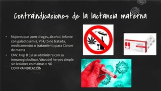 - Mujeres que usen drogas, alcohol, infante
con galactosemia, VIH, tb no tratada,
medicamentos o tratamiento para Cáncer
de mama
- CMV, Hep B ( si se administra con su
inmunoglobulina), Virus del herpes simple
sin lesiones en mamas = NO
CONTRAINDICACIÓN
Contraindicaciones de la lactancia materna
 