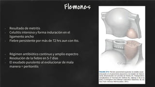 - Resultado de metritis
- Celulitis intensiva y forma induración en el
ligamento ancho
- Fiebre persistente por más de 72 hrs aun con tto.
- Régimen antibiótico continuo y amplio espectro
- Resolución de la ﬁebre en 5-7 días
- El exudado purulento al evolucionar de mala
manera = peritonitis
Flemones
 