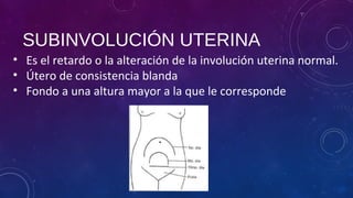SUBINVOLUCIÓN UTERINA
• Es el retardo o la alteración de la involución uterina normal.
• Útero de consistencia blanda
• Fondo a una altura mayor a la que le corresponde
 