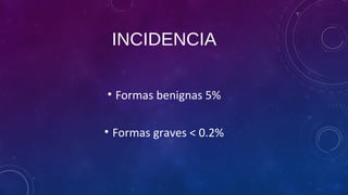 INCIDENCIA
• Formas benignas 5%
• Formas graves < 0.2%
 