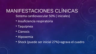 MANIFESTACIONES CLÍNICAS
Sistema cardiovascular 50% ( iniciales)
• Insuficiencia respiratoria
• Taquipnea
• Cianosis
• Hipoxemia
• Shock (puede ser inicial 27%)=agrava el cuadro
 