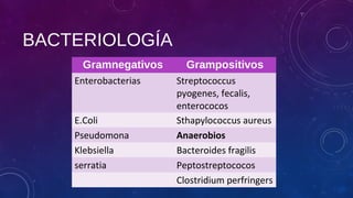 BACTERIOLOGÍA
Gramnegativos Grampositivos
Enterobacterias Streptococcus
pyogenes, fecalis,
enterococos
E.Coli Sthapylococcus aureus
Pseudomona Anaerobios
Klebsiella Bacteroides fragilis
serratia Peptostreptococos
Clostridium perfringers
 