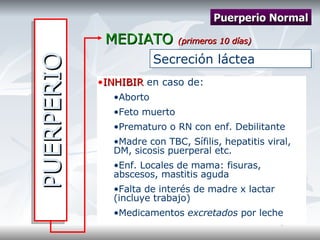 PUERPERIO MEDIATO  (primeros 10 días) Puerperio Normal Secreción láctea  INHIBIR  en caso de: Aborto Feto muerto Prematuro o RN con enf. Debilitante Madre con TBC, Sífilis, hepatitis viral, DM, sicosis puerperal etc. Enf. Locales de mama: fisuras, abscesos, mastitis aguda Falta de interés de madre x lactar (incluye trabajo) Medicamentos  excretados  por leche 