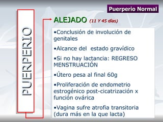 PUERPERIO ALEJADO  (11 Y 45 días) Conclusión de involución de genitales Alcance del  estado gravídico Si no hay lactancia: REGRESO MENSTRUACIÓN Útero pesa al final 60g Proliferación de endometrio estrogénico post-cicatrización x función ovárica Vagina sufre atrofia transitoria (dura más en la que lacta) Puerperio Normal 