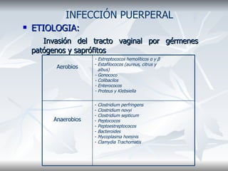 ETIOLOGIA: Invasión del tracto vaginal por gérmenes patógenos y saprófitos INFECCIÓN PUERPERAL Clostridium perfringens  Clostridium novyi Clostridium septicum Peptococos Peptoestreptococos Bacteroides Mycoplasma hominis Clamydia Trachomatis Anaerobios - Estreptococos hemolíticos  α  y  β Estafilococos (aureus, citrus y  albus) - Gonococo - Colibacilos - Enterococos - Proteus y Klebsiella Aerobios 