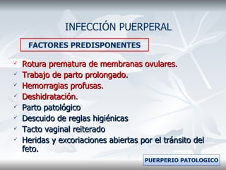 Rotura prematura de membranas ovulares. Trabajo de parto prolongado. Hemorragias profusas. Deshidratación. Parto patológico Descuido de reglas higiénicas Tacto vaginal reiterado Heridas y excoriaciones abiertas por el tránsito del feto. INFECCIÓN PUERPERAL FACTORES PREDISPONENTES PUERPERIO PATOLOGICO 
