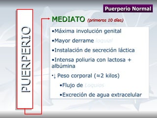 PUERPERIO MEDIATO  (primeros 10 días) Máxima involución genital Mayor derrame  loquial Instalación de secreción láctica Intensa poliuria con lactosa + albúmina ↓  Peso corporal (≈2 kilos) Flujo de  Loquios Excreción de agua extracelular Puerperio Normal 