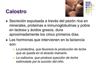 Calostro
 Secreción expulsada a través del pezón rica en
minerales, proteínas e inmunoglobulinas y pobre
en lactosa y ácidos grasos, dura
aproximadamente los cinco primeros días.
 Las hormonas que intervienen en la lactancia
son:
 La prolactina, que favorece la producción de leche
que se queda en el alveolo mamario.
 La oxitocina, que produce eyección de leche
estimulada por la succión del niño.
 