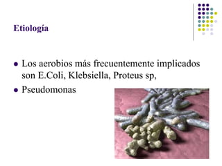 Etiología
 Los aerobios más frecuentemente implicados
son E.Coli, Klebsiella, Proteus sp,
 Pseudomonas
 