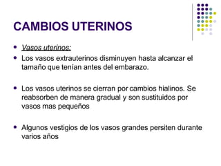 CAMBIOS UTERINOS
 Vasos uterinos:
Los vasos extrauterinos disminuyen hasta alcanzar el
tamaño que tenían antes del embarazo.

 Los vasos uterinos se cierran por cambios hialinos. Se
reabsorben de manera gradual y son sustituidos por
vasos mas pequeños
 Algunos vestigios de los vasos grandes persiten durante
varios años
 
