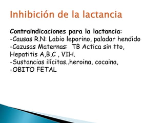 Contraindicaciones para la lactancia:
-Causas R.N: Labio leporino, paladar hendido
-Cazusas Maternas: TB Actica sin tto,
Hepatitis A,B,C , VIH.
-Sustancias ilícitas..heroina, cocaina,
-OBITO FETAL
 