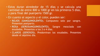• Estos duran alrededor de 15 días y se calcula una
cantidad de entre 800 a 1000 gr en los primeros 5 días,
y para final del puerperio 1500 gr.
• En cuanto al aspecto y el color, pueden ser:
• ROJOS (SANGUINOLENTO). Compuesto solo por sangre.
Presentes postparto.
• ROSA (SEROSANGUINOLENTO). Sangre mezclada con
exudados. Presentes a los 3 o 4 días.
• CLAROS (SEROSOS). Predominan los exudados. Presentes
desde el séptimo día.
 