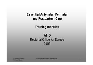 Essential Antenatal, Perinatal
                         and Postpartum Care

                            Training modules

                                  WHO
                        Regional Office for Europe
                                  2002


Promoting Effective         WHO Regional Office for Europe 2002   1
Perinatal Care
 