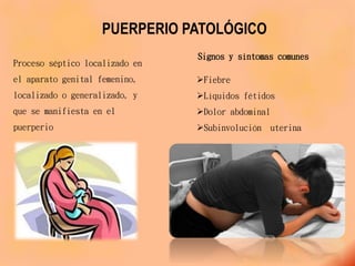 PUERPERIO PATOLÓGICO
Proceso séptico localizado en
el aparato genital femenino,
localizado o generalizado, y
que se manifiesta en el
puerperio
Signos y síntomas comunes
Fiebre
Líquidos fétidos
Dolor abdominal
Subinvolución uterina
 