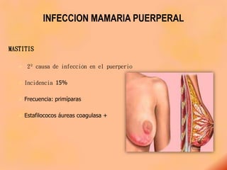 INFECCION MAMARIA PUERPERAL
MASTITIS
 2º causa de infección en el puerperio
 Incidencia 15%
 Frecuencia: primíparas
 Estafilococos áureas coagulasa +
 