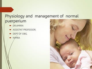 Physiology and management of normal
puerperium
 DR.AMRIN
 ASSISTNT PROFESSOR,
 DEPT OF OBG,
 NIMRA
 