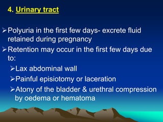 4. Urinary tract
Polyuria in the first few days- excrete fluid
retained during pregnancy
Retention may occur in the first few days due
to:
Lax abdominal wall
Painful episiotomy or laceration
Atony of the bladder & urethral compression
by oedema or hematoma
 