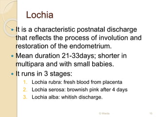 Lochia 
 It is a characteristic postnatal discharge 
that reflects the process of involution and 
restoration of the endometrium. 
 Mean duration 21-33days; shorter in 
multipara and with small babies. 
 It runs in 3 stages: 
1. Lochia rubra: fresh blood from placenta 
2. Lochia serosa: brownish pink after 4 days 
3. Lochia alba: whitish discharge. 
O Warda 10 
 