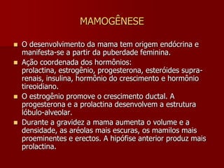 AMAMENTAÇÃOFISIOLOGIA MAMÁRIAMamogênese(desenvolvimento da mama)Lactogênese(início da lactação, produção do leite)Lactopoese(manutenção da lactação, ejeção do leite)OBS; são controladas por arcos reflexos neurais que se iniciam com o estímulo das terminações nervosas do complexo  aréolo-mamilar,   (OCITOCINA/PROLACTINA)