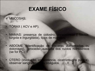 EXAME FÍSICO
• MUCOSAS;
• TÓRAX ( ACV e AP);
• MAMAS: presença de colostro, consistência ( flácida,
túrgida e ingurgitada), tipos de mamilos;
• ABDOME (identificação de vísceras aumentadas ou
dolorosas), proceder ausculta dos ruídos hidroaéreos
(se for PC);
• ÚTERO (involução, consistência, cicatriz supra púbica),
observar sangramento ou coágulos.
 