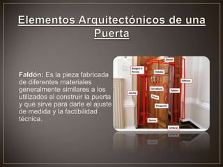 Faldón: Es la pieza fabricada
de diferentes materiales
generalmente similares a los
utilizados al construir la puerta
y que sirve para darle el ajuste
de medida y la factibilidad
técnica.
 