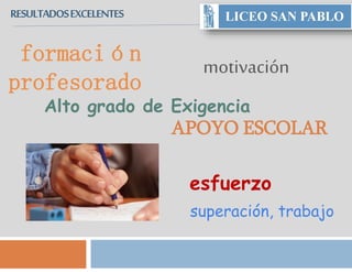 RESULTADOSEXCELENTES
formación
profesorado
APOYO ESCOLAR
esfuerzo
motivación
Alto grado de Exigencia
superación, trabajo
 