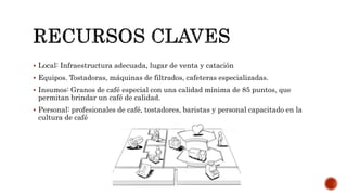  Local: Infraestructura adecuada, lugar de venta y catación
 Equipos. Tostadoras, máquinas de filtrados, cafeteras especializadas.
 Insumos: Granos de café especial con una calidad mínima de 85 puntos, que
permitan brindar un café de calidad.
 Personal: profesionales de café, tostadores, baristas y personal capacitado en la
cultura de café
 