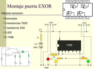 Montaje puerta EXOR
Material necesario:

 • Entrenador
 • 3 resistencias 150Ω                     COM                     COM
                                     NC           NA          NC         NA

 • 1 resistencia 33Ω
                                5V
 • 3 LED
 • CI 7486                 33



                         6V
                                                       7486
                         GND




                                                 150               150
                                            D1




                                     GND
 