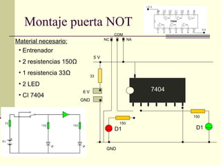 Montaje puerta NOT
                                          COM
                                     NC          NA
Material necesario:
 • Entrenador
                                5V
 • 2 resistencias 150Ω
 • 1 resistencia 33Ω           33

 • 2 LED
                         6V                           7404
 • CI 7404
                         GND


                                                             150
                                           150
                                          D1                  D1


                                     GND
 