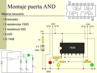 Montaje puerta AND
Material necesario:
 • Entrenador
 • 3 resistencias 150Ω                     COM                     COM
                                     NC           NA          NC         NA
 • 1 resistencia 33Ω
                                5V
 • 3 LED
 • CI 7408                 33



                         6V
                                                       7408
                         GND




                                                 150               150
                                            D1




                                     GND
 
